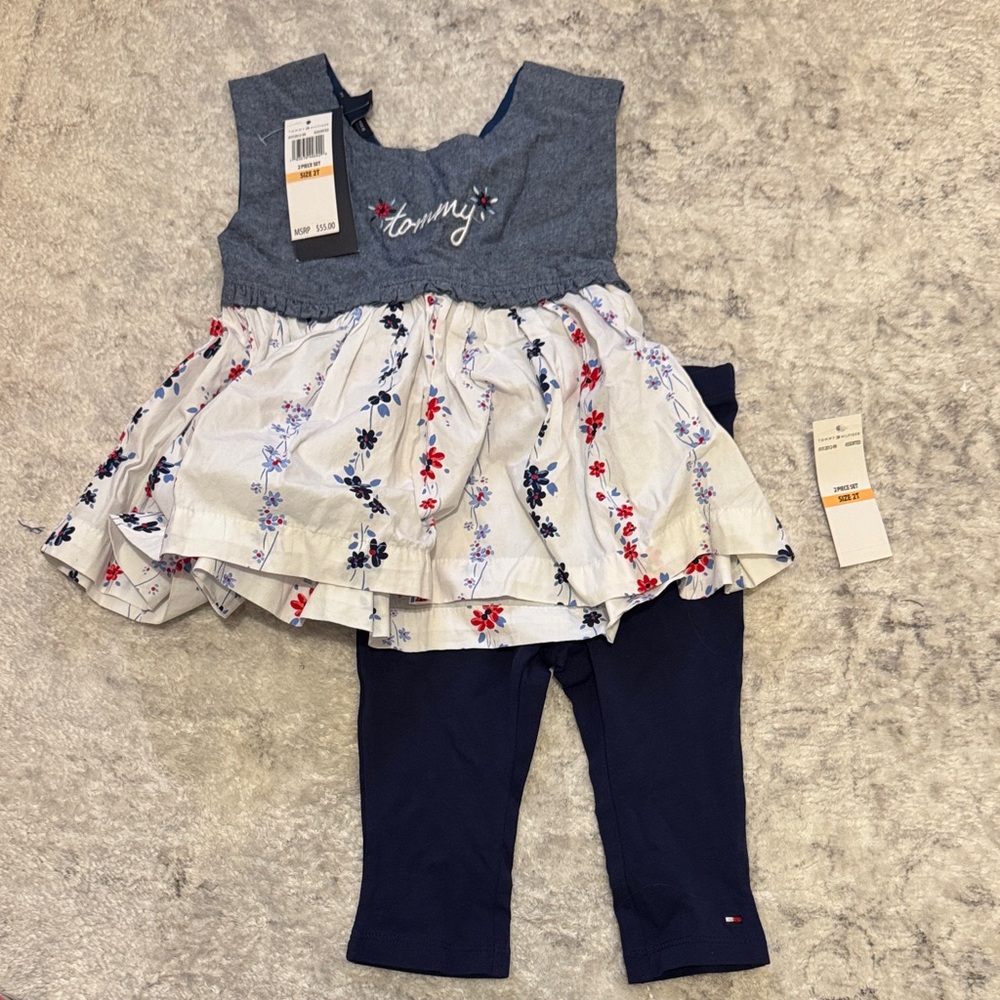 NWT 2T Tommy Hilfiger Floral Baby Tunic Dress with matching Navy Leggings